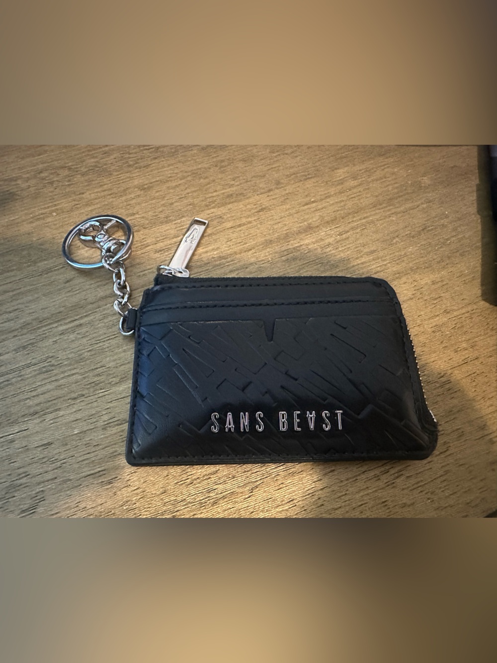 Sans Beast Black Embossed Vegan Leather Zip Card Holder with Key Ring